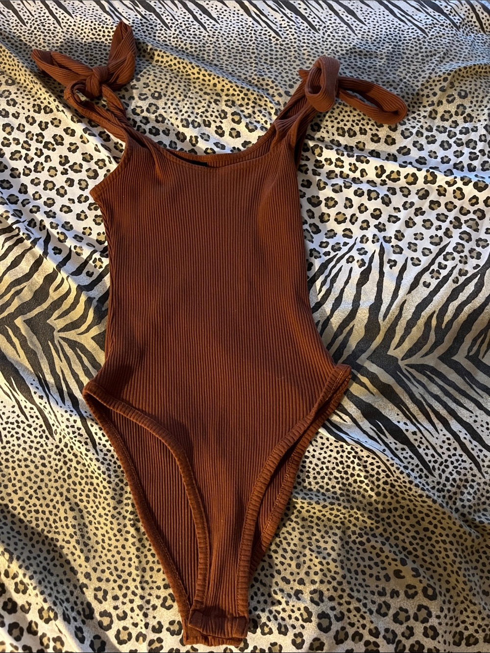 Ribbed Tie-Shoulder One-Piece Top in Rust Brown